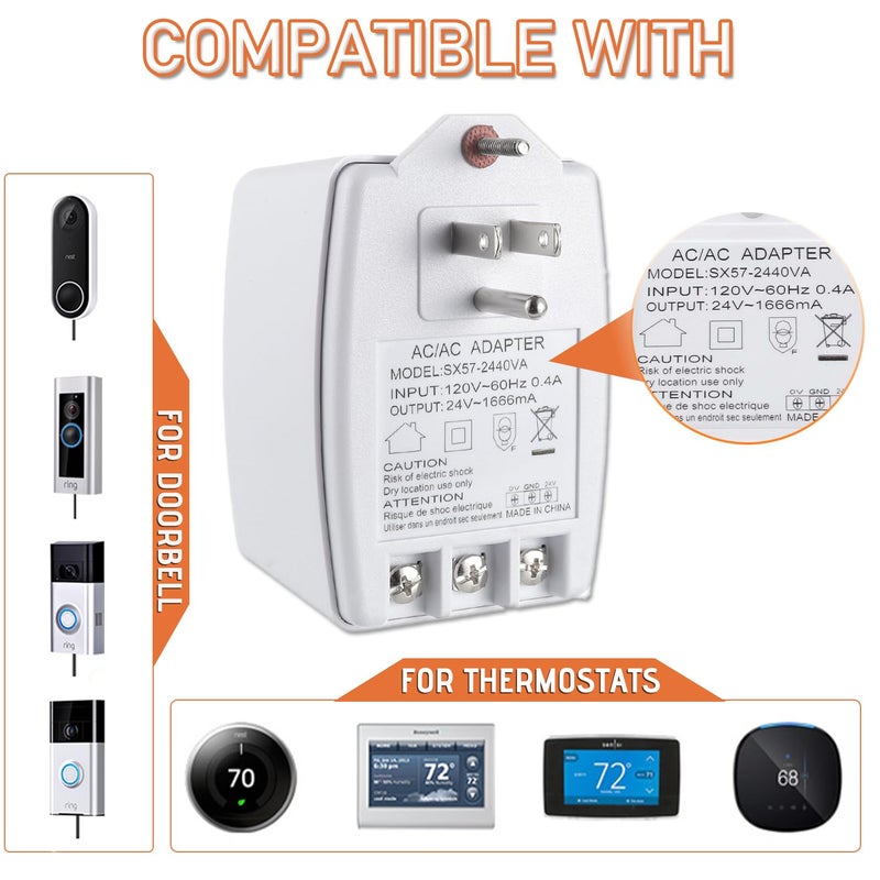 JAMHER 24 Volt Doorbell Transformer 24VAC 40VA 1666mA Plug in Transformer with PTC Fuse Compatible with Nest Ecobee Sensi and Honeywell Thermostat and All Versions of Ring Doorbell - Image 3